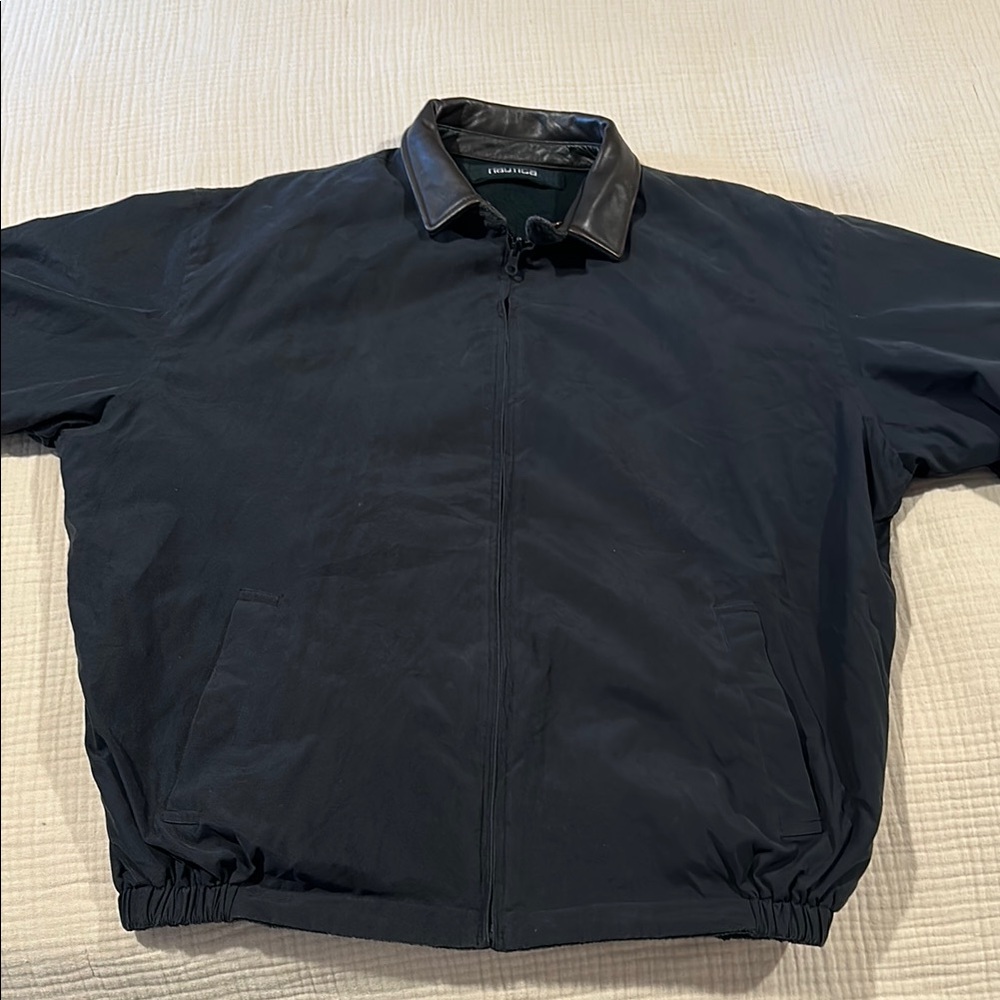 Nautica Vintage Reversible Black Jacket with Leather Collar XXL Green Fleece